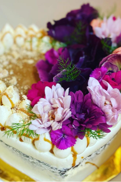 Heart Cake with Flowers and Macarons